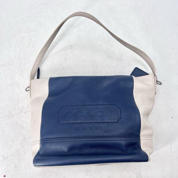 Coach Navy Blue / Ivory Leather Legacy Weekend Hobo Shoulder Bag Purse - Picture 5 of 14